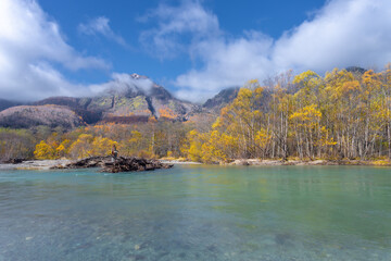 Kamikochi has a beautiful atmosphere, with mountains,wildlife and streams, and good weather, especially during the autumn foliage season, part of the Japan Alps, Nagano