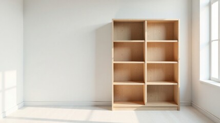 Obraz premium Empty Light Wood Bookcase in a Bright Room