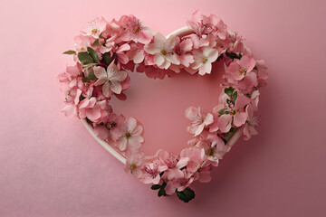 Obraz premium Pink heart-shaped frame with flowers on a pink background, a flat lay top view with copy space.
