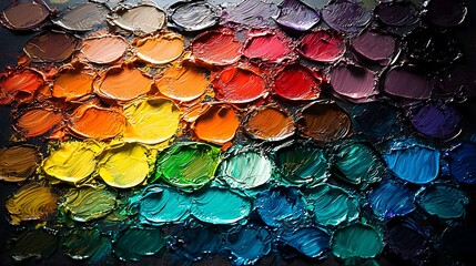 Vibrant oil paint palette with various colors arranged in a pattern.