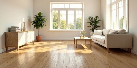 Fototapeta premium Modern Living Room with Sunlight Streaming Through Large Windows and Light Wood Flooring