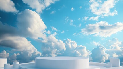 A sleek white podium under a vibrant blue sky, surrounded by soft, dreamy clouds, ideal for a minimalist product display