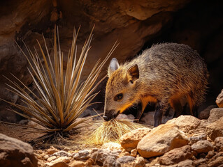 Naklejka premium Wild Texas Javelina Explores Rocky Terrain While Sniffing Around for Food in Its Natural Habitat