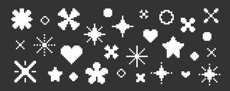 Set of pixelated design elements stars, hearts, flowers, circles. Various shapes with raster pixelization effect. Retro shapes game design, vector 8-bit illustration