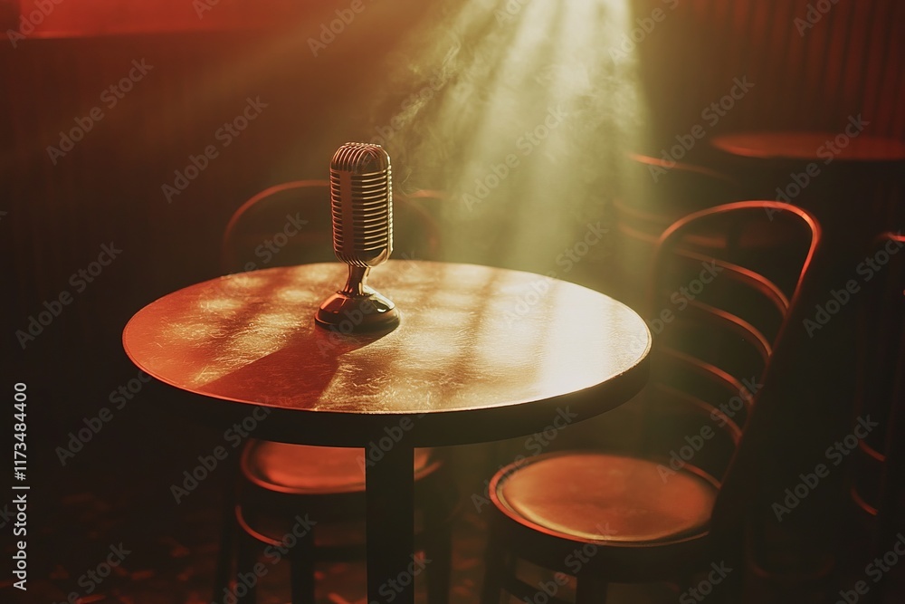 Aufkleber a microphone is on a table in a bar. there are two chairs in front of the table