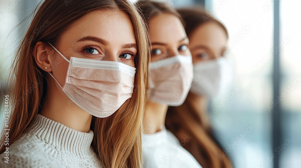 Poster surgical masks being worn by healthcare workers in an operating room stock photo with side copy spac