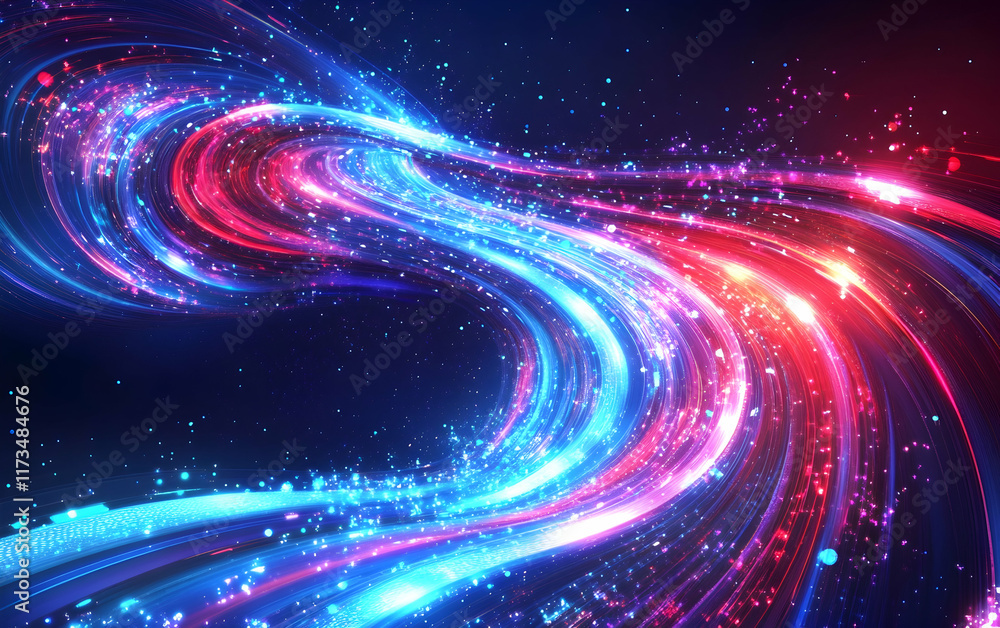 Poster abstract neon background with glowing lines and light effects, forming an illuminated corridor in bl