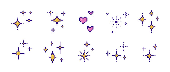 Set of pixel sparkling stars and hearts. Shiny stars, 8bit shapes for Y2K design, retro shapes. Vector illustration © Liliya