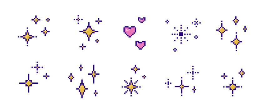 Set of pixel sparkling stars and hearts. Shiny stars, 8bit shapes for Y2K design, retro shapes. Vector illustration