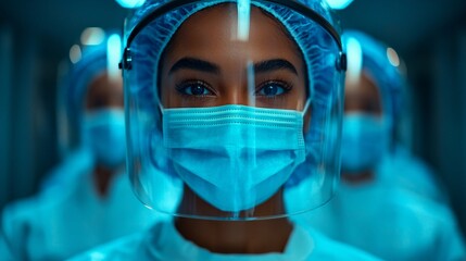 Surgical masks being adjusted by a nurse before entering a sterile area Stock Photo with side copy space
