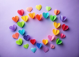 Pride Rainbow Hearts Flat Lay: Lilac Background with Circular Frame for Text or Logo