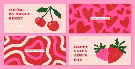 Set of modern Valentine's Day cards with hearts, cherries and strawberries. Trendy collection of cards for cover design, web banners, greeting cards, labels and more.