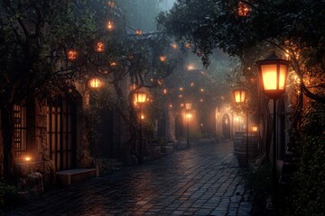 A captivating pathway adorned with glowing lanterns, winding through misty trees creates a serene and enchanting atmosphere perfect for evening strolls.