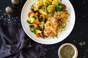Braised chicken thighs with vegetables and boiled potatoes in sauce on black table