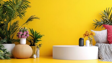 A vibrant interior scene featuring a yellow wall, cozy seating, decorative plants, and colorful cushions, creating a lively and inviting atmosphere.