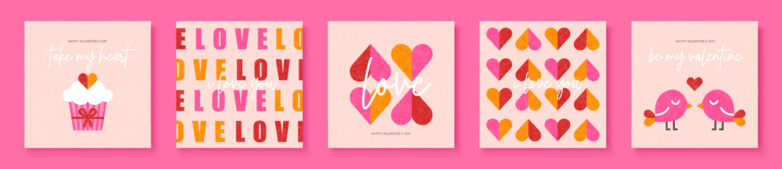 Set of greeting cards for Valentines Day. Simple flat style with geometric elements. Collection of vector cards with hearts, birds, cupcake and romantic inscriptions.