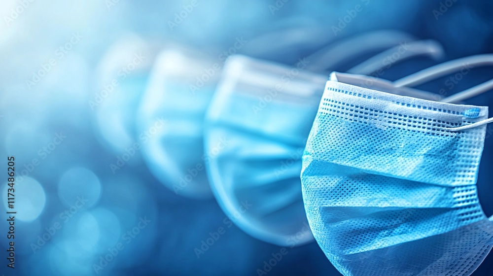 Poster surgical masks worn by a team of doctors in a clinical setting stock photo with side copy space