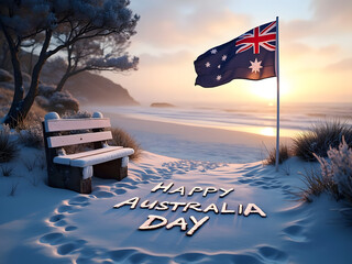 Snowy Australian beach at sunrise with Happy Australia Day message