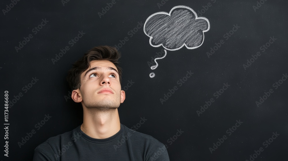 Poster pensive young man looking up at a chalk drawing of a thought bubble with a question mark, contemplat