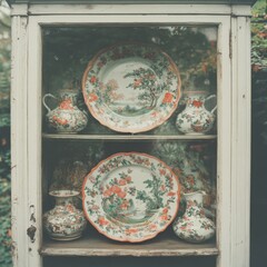 Handpainted China Cabinet Displaying Antique Dinnerware Vintage Home Closeup Cozy Environment Artistic Perspective