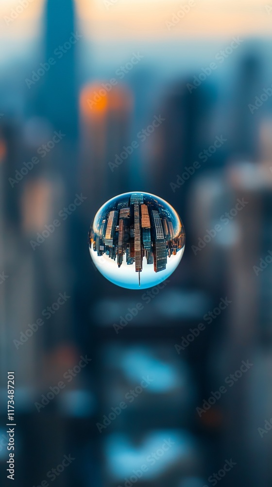 Poster a mesmerizing droplet captures a vivid reflection of the city skyline against a soft sunset backdrop