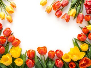 Yellow and red tulips forming a beautiful frame with space in the middle on an orange background, spring, tulips, yellow