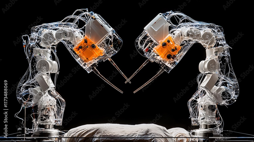 Poster Close-up of robotic arms performing minimally invasive surgery with precision on a patient Stock Photo with side copy space