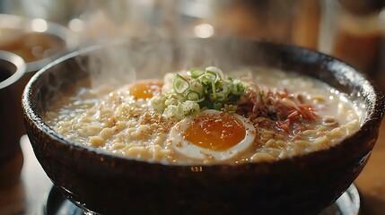 Steaming bowl of ramen noodles with soft boiled eggs, green onions, and meat, served in a dark bowl on a wooden table.