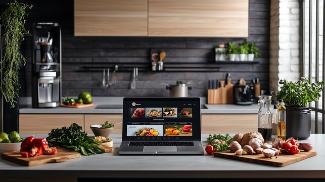 A modern kitchen with an open laptop with recipes on the screen standing on table top. Cooking and culinary concept.