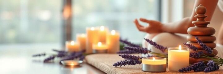 Zen spa setting with lavender scented candles on a fluffy white towel background, serene, meditation, relaxation