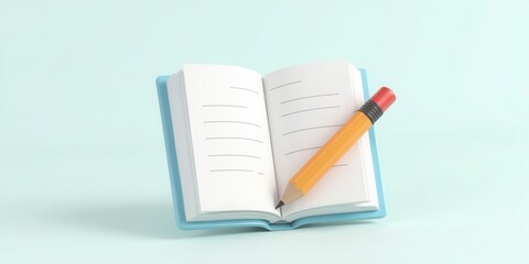 Open Notebook with Pencil, Pastel Blue Background
