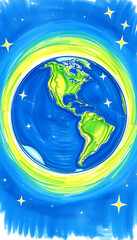 Naklejka premium Planet Earth with city lights in space with stars, crayon drawing, with white tones