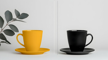 Two mugs, yellow and black, on saucers, with eucalyptus leaves, minimal background, for product display or website design.