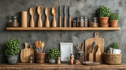 Rustic kitchen utensils, spices, and herbs displayed on wooden shelves against a textured wall.