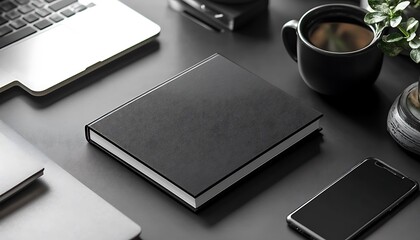 Flatlay of a black notebook, laptop, smartphone, coffee cup, and plant on a dark gray desk.