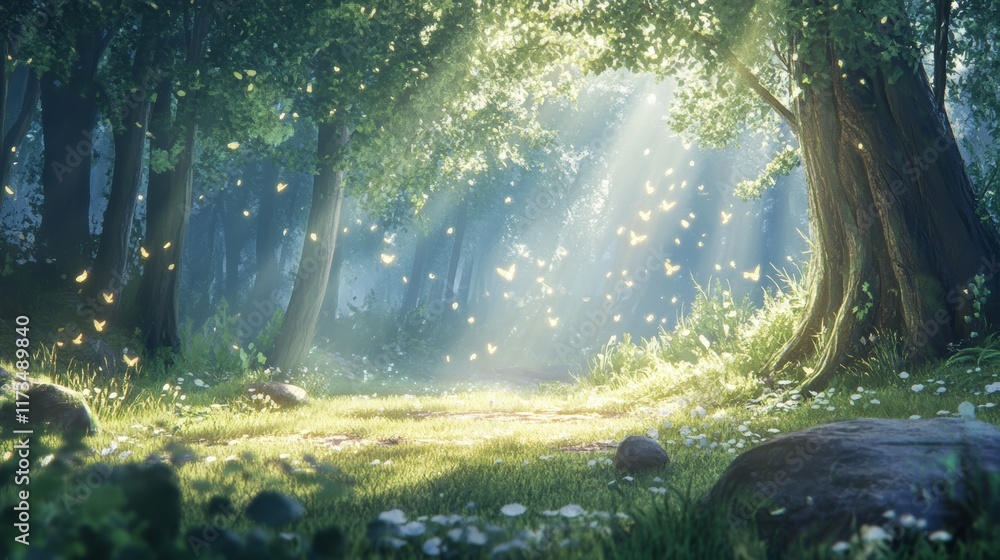 Poster sunlight filters through trees, illuminating a forest path with glowing butterflies and vibrant gree