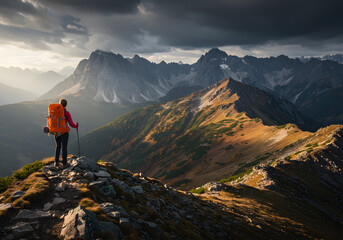 Majestic Mountain Landscape: Hiker Conquers Rugged Peaks in Autumn Wilderness