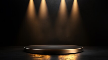 Black pedestal podium on black background with golden lights. Minimalistic elegant backdrop for product presentation.