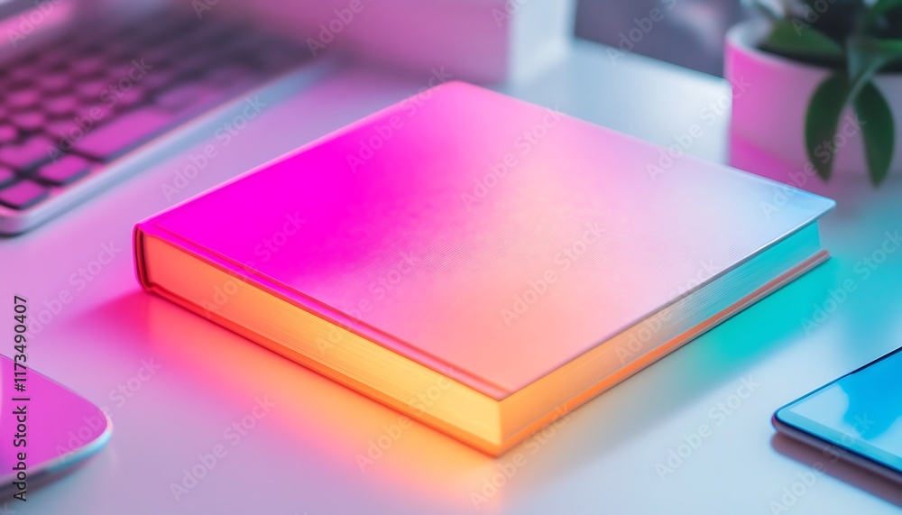 Poster vibrant gradient book illuminated on a desk with a keyboard and phone, creating a modern, stylish ae