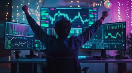 A man sits at monitors with stock market charts and raises his hands in victory. Trading, successful deal.