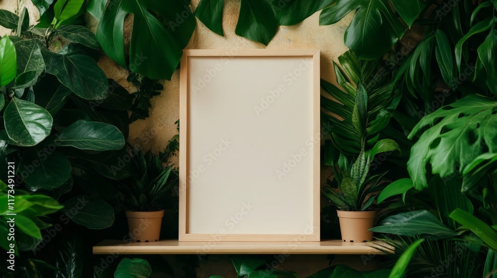 Poster Empty wooden frame mockup is displayed on a shelf against a wall adorned with lush tropical foliage, creating a natural and inviting setting for showcasing artwork or design