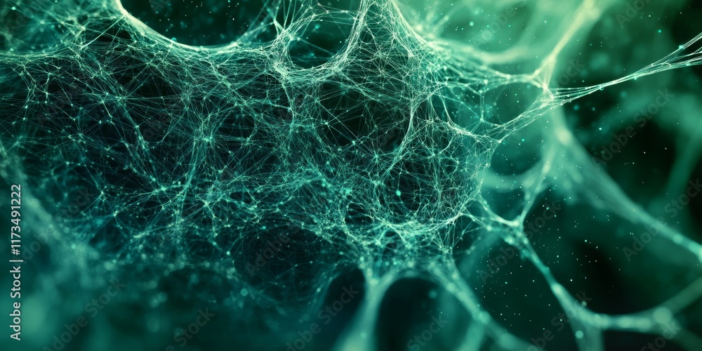 Poster abstract digital network data exploration with intricate patterns and depth in green hues