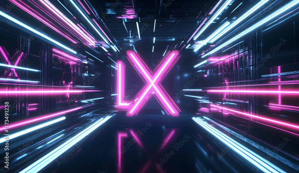 Poster neon light abstract background with glowing lines forming the shape of 