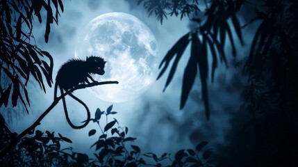 Night monkey jungle moon silhouette, wildlife photography, nocturnal scene.