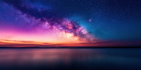 A stunning view of the Milky Way stretches across a colorful night sky, reflecting on calm waters below during twilight.