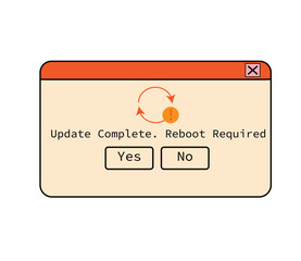 Computer dialog window in retro nostalgic style. update required, reboot required verification question in old 90s message box. Security popup, 00s UI design. Flat vector illustration