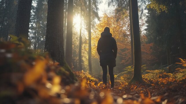 Woman standing in autumn forest, back to camera, sun shining through trees.