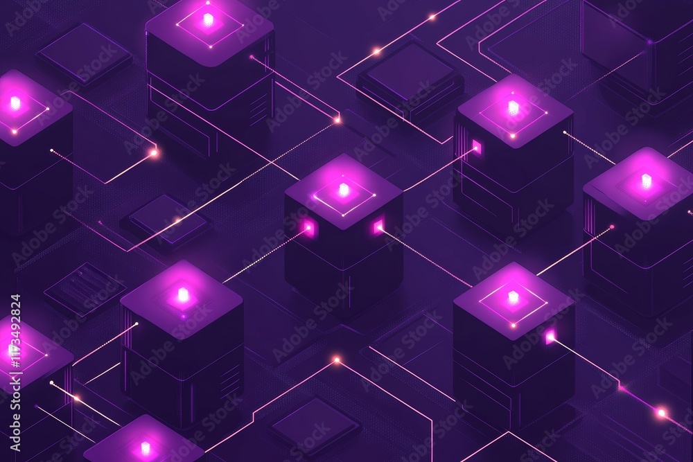 Poster explore a captivating isometric view of a digital world, featuring futuristic design elements and vi
