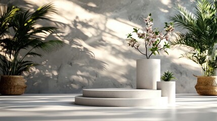 A serene interior scene featuring circular pedestals with decorative plants and soft shadows on a textured wall.