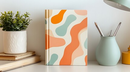 Abstract art notebook mockup on white desk with plant, books and pens in vase.